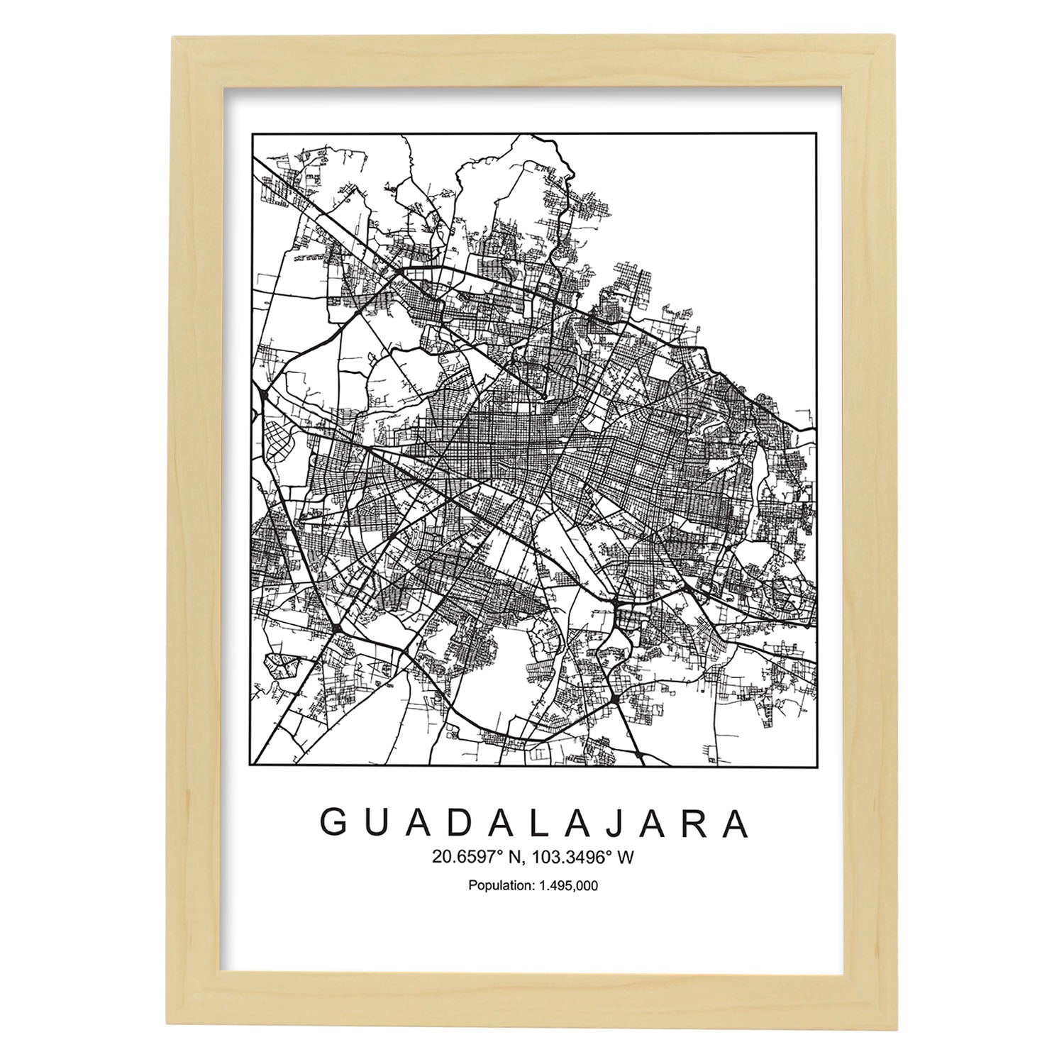 Lámina mapa de la ciudad Guadalajara estilo nordico en blanco y negro.-Artwork-Nacnic-A3-Marco Madera clara-Nacnic Estudio SL