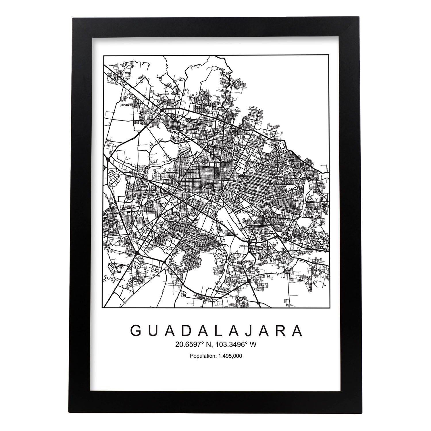 Lámina mapa de la ciudad Guadalajara estilo nordico en blanco y negro.-Artwork-Nacnic-A3-Marco Negro-Nacnic Estudio SL