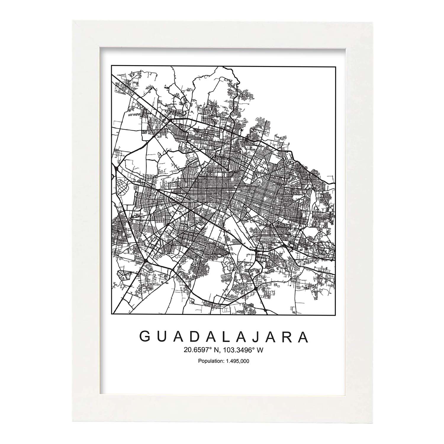 Lámina mapa de la ciudad Guadalajara estilo nordico en blanco y negro.-Artwork-Nacnic-A4-Marco Blanco-Nacnic Estudio SL