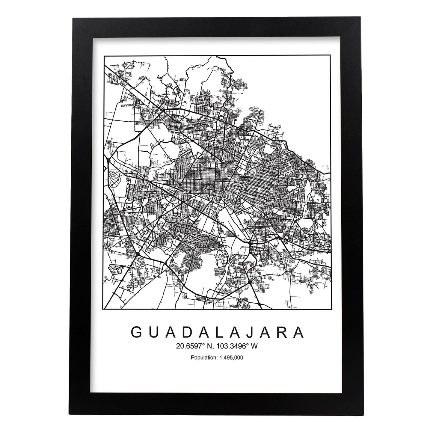 Lámina mapa de la ciudad Guadalajara estilo nordico en blanco y negro.-Artwork-Nacnic-A4-Marco Negro-Nacnic Estudio SL