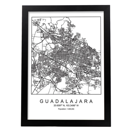 Lámina mapa de la ciudad Guadalajara estilo nordico en blanco y negro.-Artwork-Nacnic-A4-Marco Negro-Nacnic Estudio SL