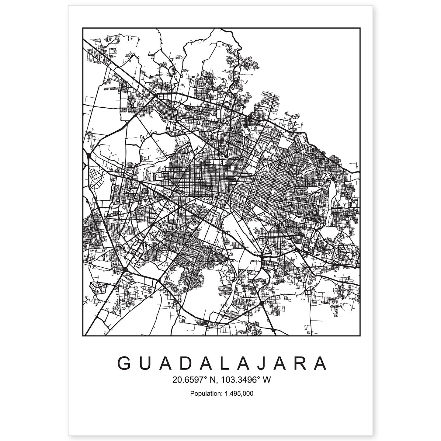 Lámina mapa de la ciudad Guadalajara estilo nordico en blanco y negro.-Artwork-Nacnic-A4-Sin marco-Nacnic Estudio SL