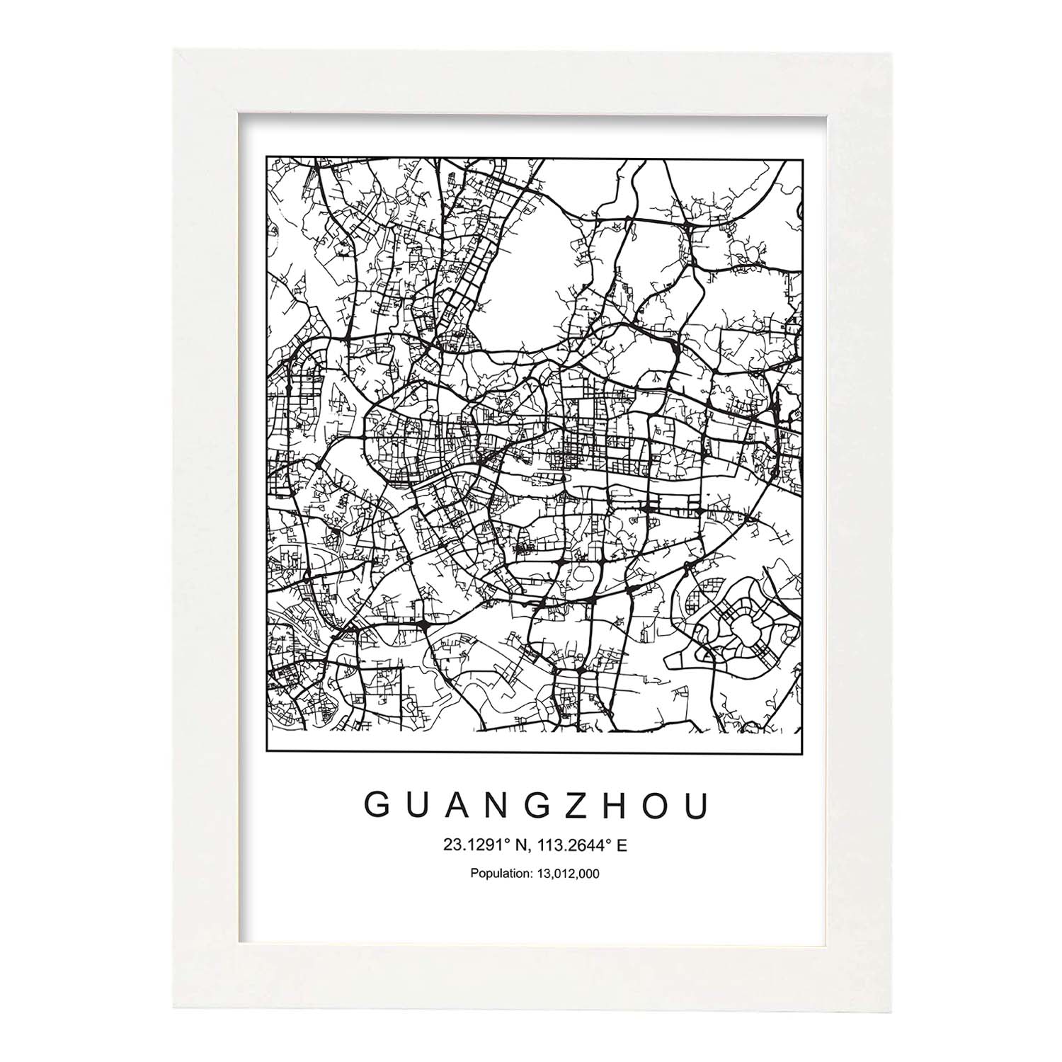 Lámina mapa de la ciudad Guangzhou estilo nordico en blanco y negro.-Artwork-Nacnic-A3-Marco Blanco-Nacnic Estudio SL