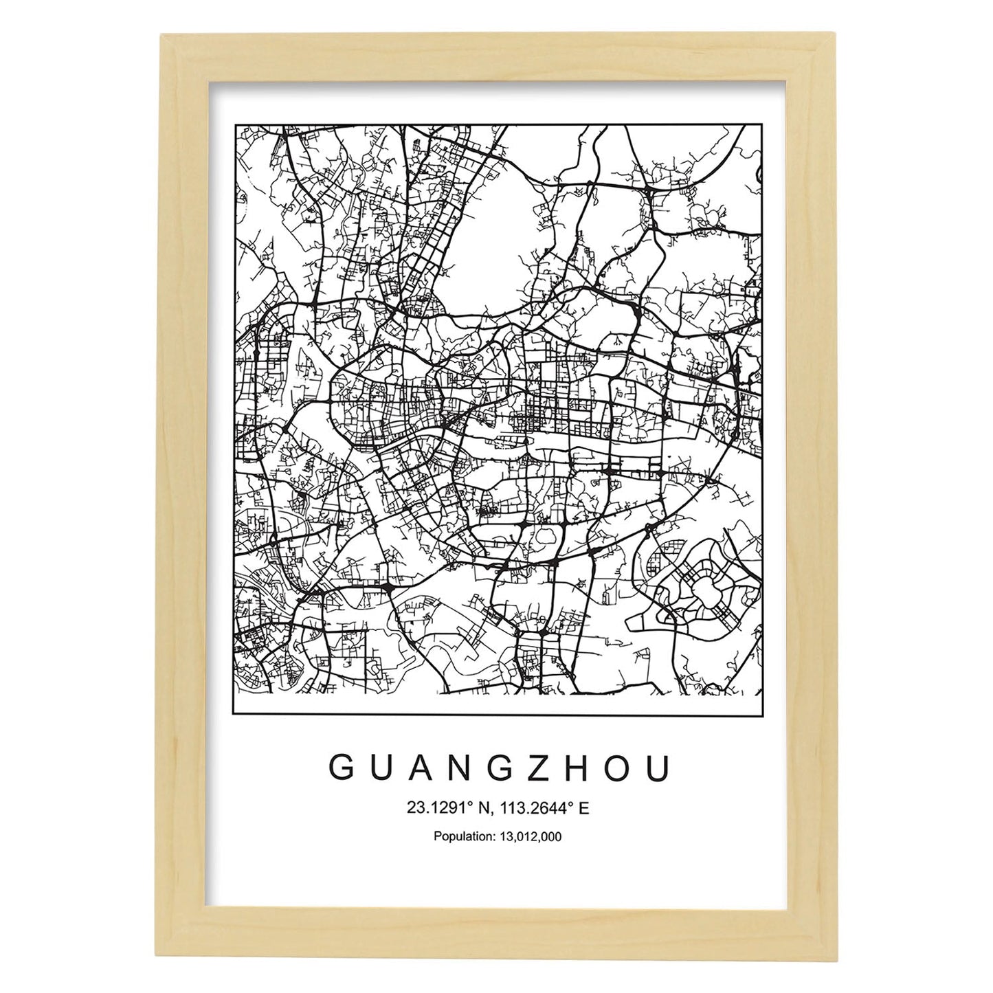 Lámina mapa de la ciudad Guangzhou estilo nordico en blanco y negro.-Artwork-Nacnic-A3-Marco Madera clara-Nacnic Estudio SL