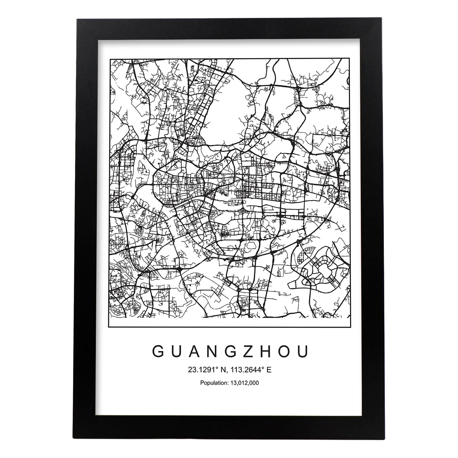 Lámina mapa de la ciudad Guangzhou estilo nordico en blanco y negro.-Artwork-Nacnic-A3-Marco Negro-Nacnic Estudio SL