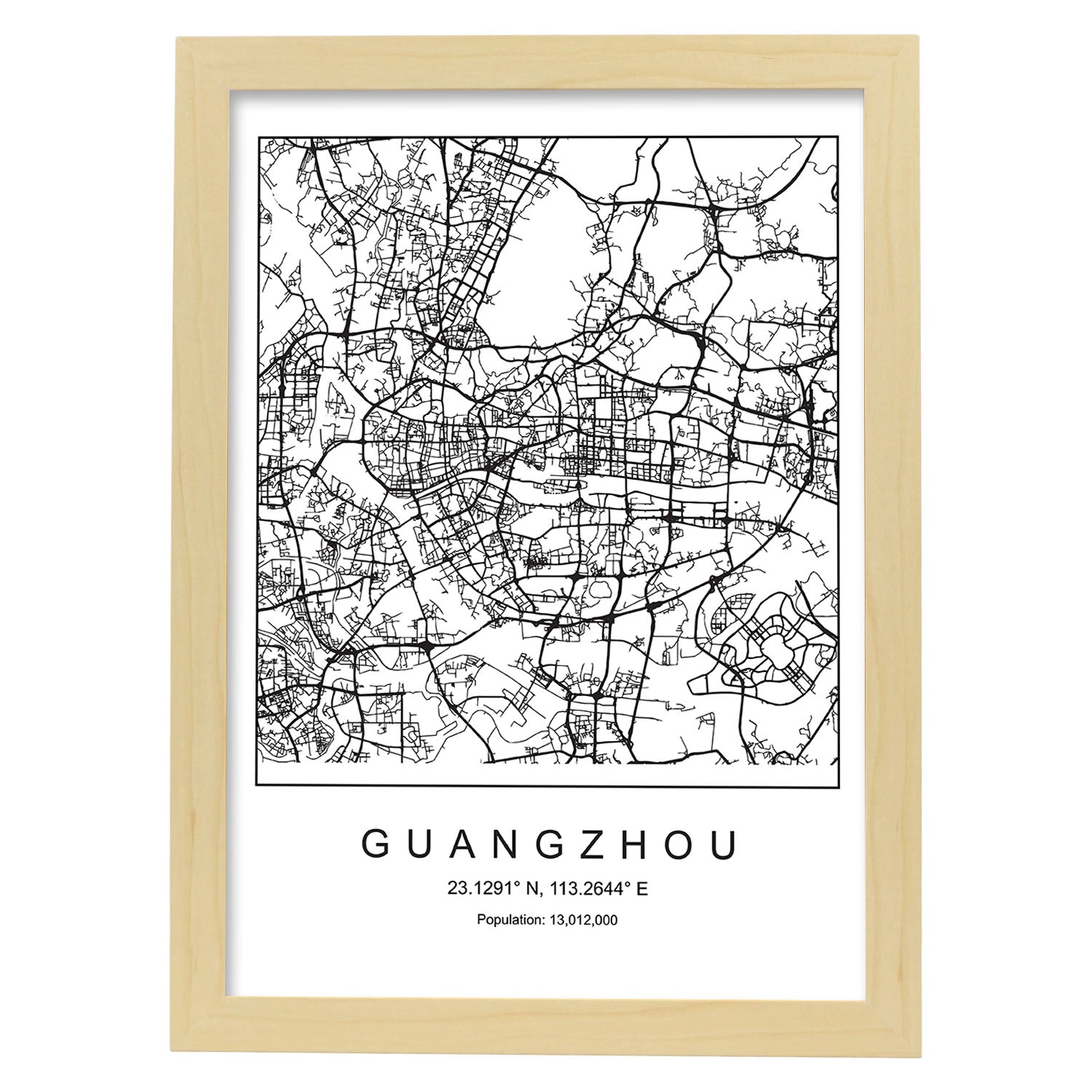 Lámina mapa de la ciudad Guangzhou estilo nordico en blanco y negro.-Artwork-Nacnic-A4-Marco Madera clara-Nacnic Estudio SL