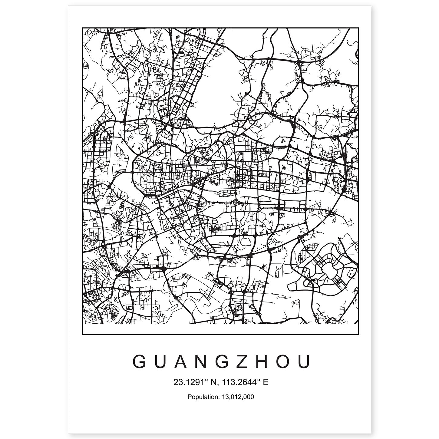 Lámina mapa de la ciudad Guangzhou estilo nordico en blanco y negro.-Artwork-Nacnic-A4-Sin marco-Nacnic Estudio SL