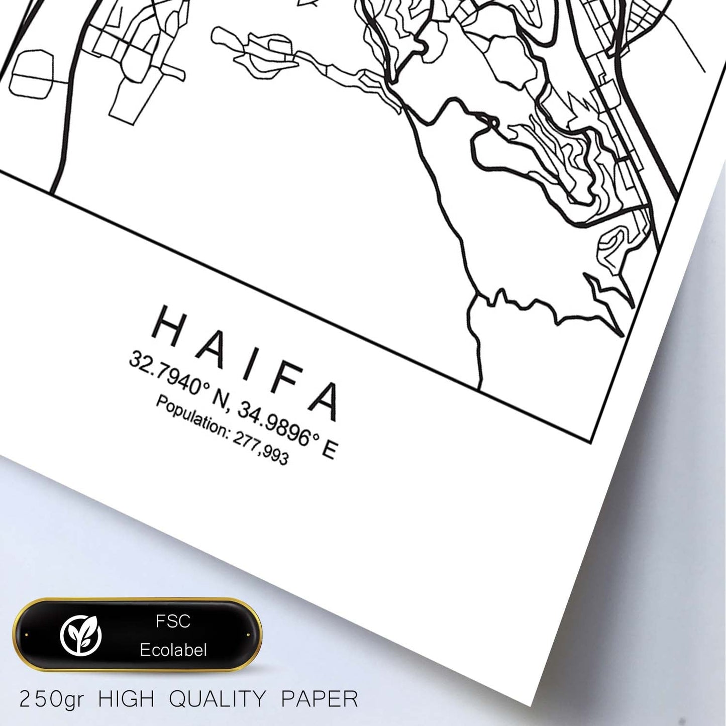 Lámina mapa de la ciudad Haifa estilo nordico en blanco y negro.-Artwork-Nacnic-Nacnic Estudio SL