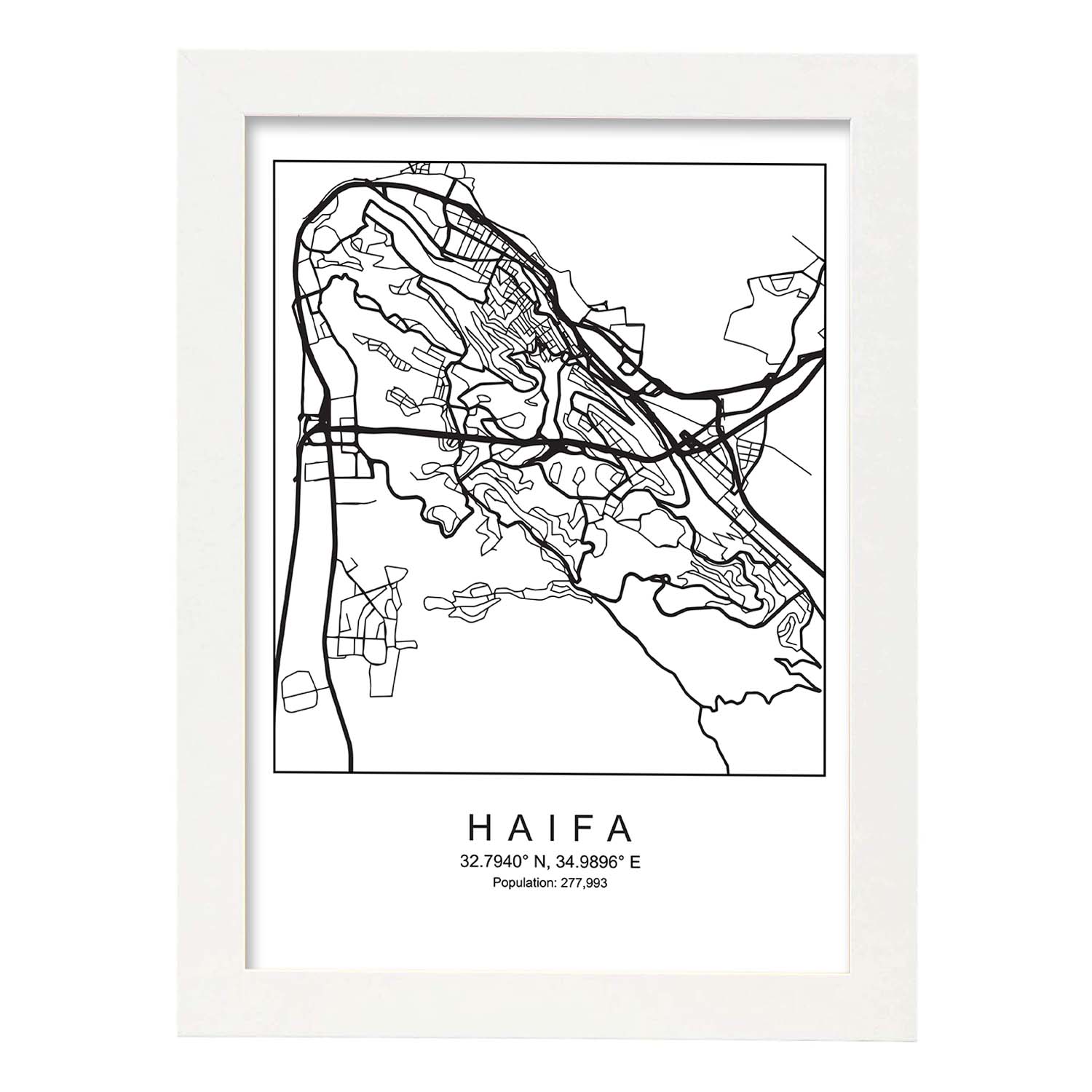 Lámina mapa de la ciudad Haifa estilo nordico en blanco y negro.-Artwork-Nacnic-A3-Marco Blanco-Nacnic Estudio SL