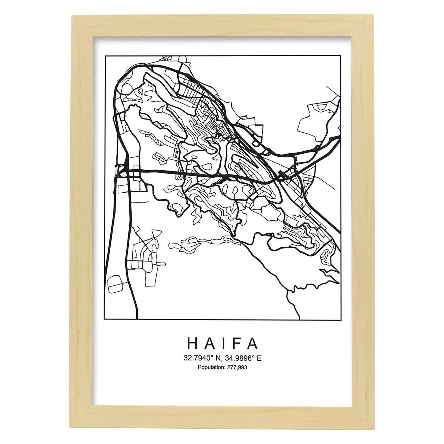 Lámina mapa de la ciudad Haifa estilo nordico en blanco y negro.-Artwork-Nacnic-A3-Marco Madera clara-Nacnic Estudio SL