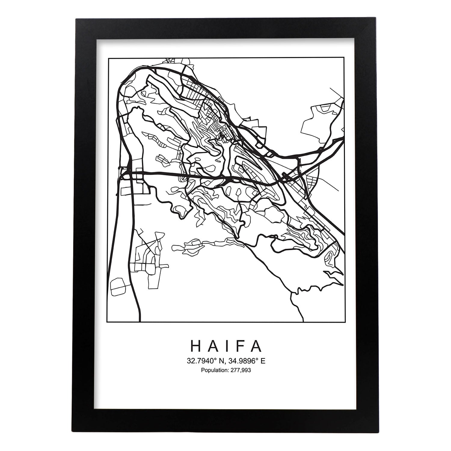 Lámina mapa de la ciudad Haifa estilo nordico en blanco y negro.-Artwork-Nacnic-A3-Marco Negro-Nacnic Estudio SL