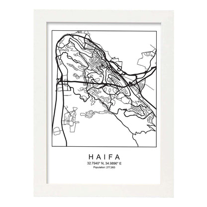 Lámina mapa de la ciudad Haifa estilo nordico en blanco y negro.-Artwork-Nacnic-A4-Marco Blanco-Nacnic Estudio SL