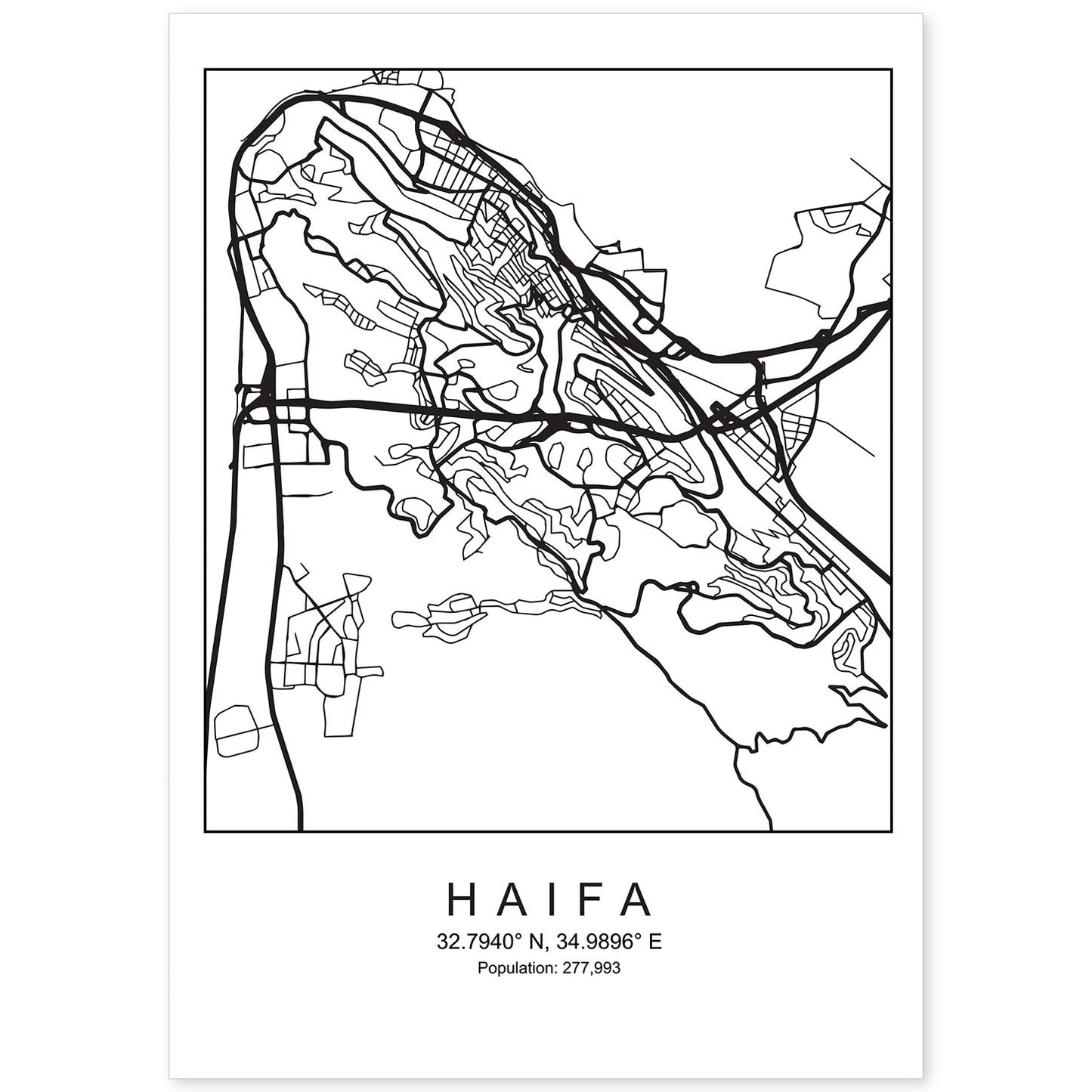 Lámina mapa de la ciudad Haifa estilo nordico en blanco y negro.-Artwork-Nacnic-A4-Sin marco-Nacnic Estudio SL