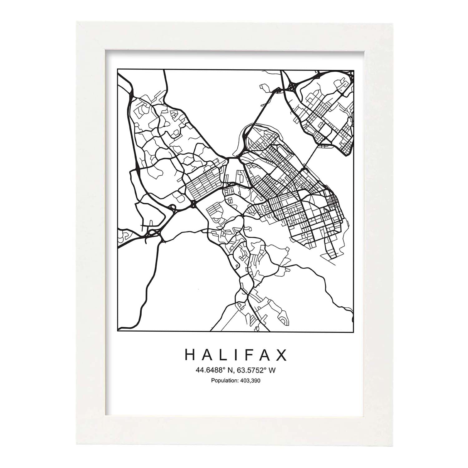 Lámina mapa de la ciudad Halifax estilo nordico en blanco y negro.-Artwork-Nacnic-A4-Marco Blanco-Nacnic Estudio SL