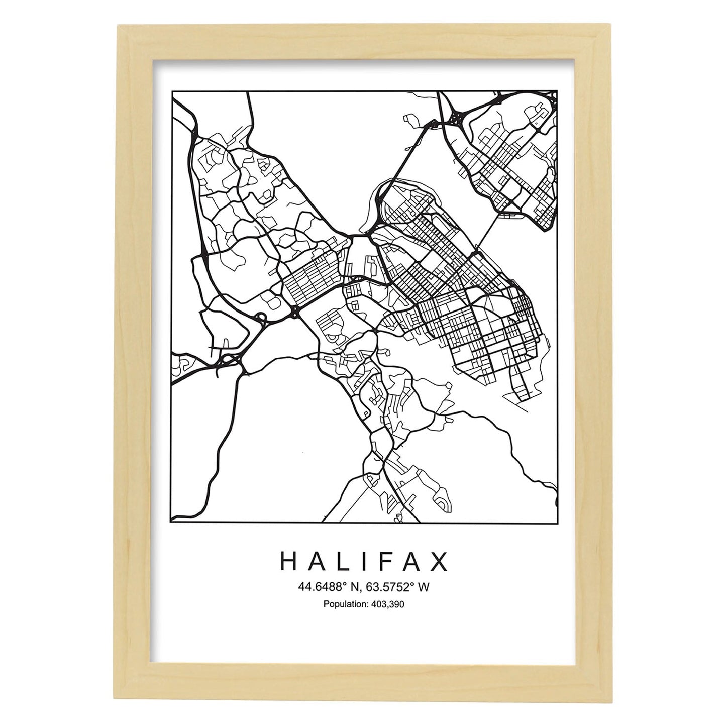 Lámina mapa de la ciudad Halifax estilo nordico en blanco y negro.-Artwork-Nacnic-A4-Marco Madera clara-Nacnic Estudio SL