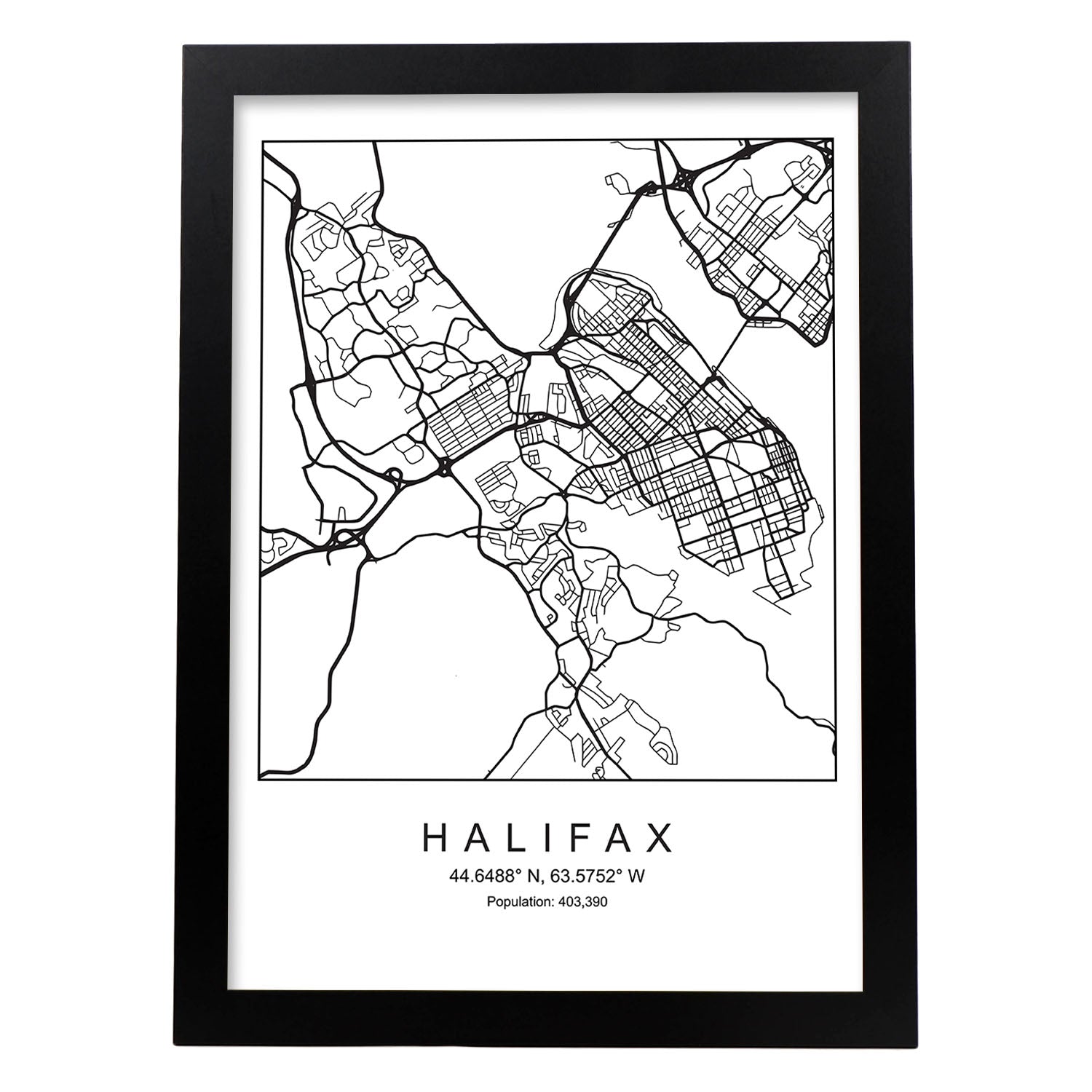 Lámina mapa de la ciudad Halifax estilo nordico en blanco y negro.-Artwork-Nacnic-A4-Marco Negro-Nacnic Estudio SL