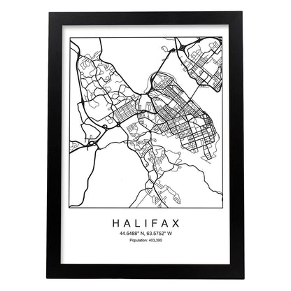 Lámina mapa de la ciudad Halifax estilo nordico en blanco y negro.-Artwork-Nacnic-A4-Marco Negro-Nacnic Estudio SL