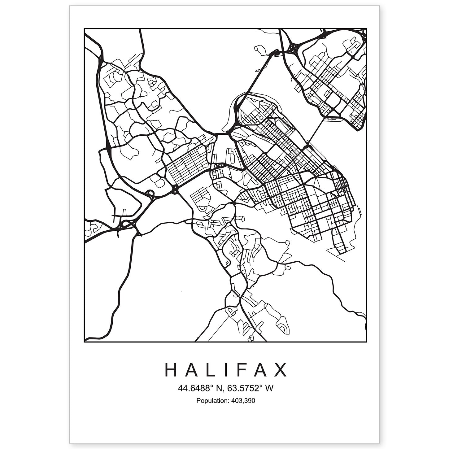 Lámina mapa de la ciudad Halifax estilo nordico en blanco y negro.-Artwork-Nacnic-A4-Sin marco-Nacnic Estudio SL