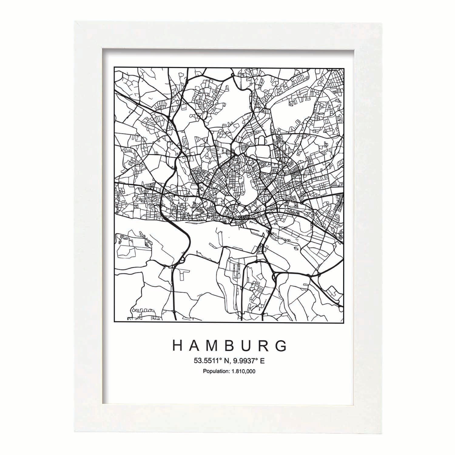 Lámina mapa de la ciudad Hamburg estilo nordico en blanco y negro.-Artwork-Nacnic-A3-Marco Blanco-Nacnic Estudio SL