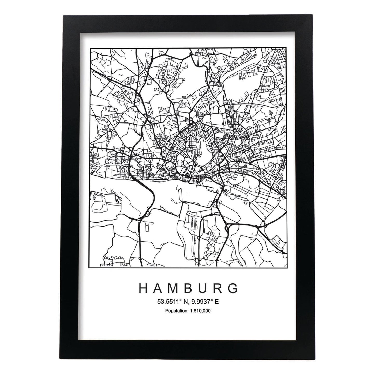 Lámina mapa de la ciudad Hamburg estilo nordico en blanco y negro.-Artwork-Nacnic-A3-Marco Negro-Nacnic Estudio SL