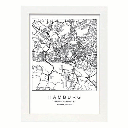 Lámina mapa de la ciudad Hamburg estilo nordico en blanco y negro.-Artwork-Nacnic-A4-Marco Blanco-Nacnic Estudio SL