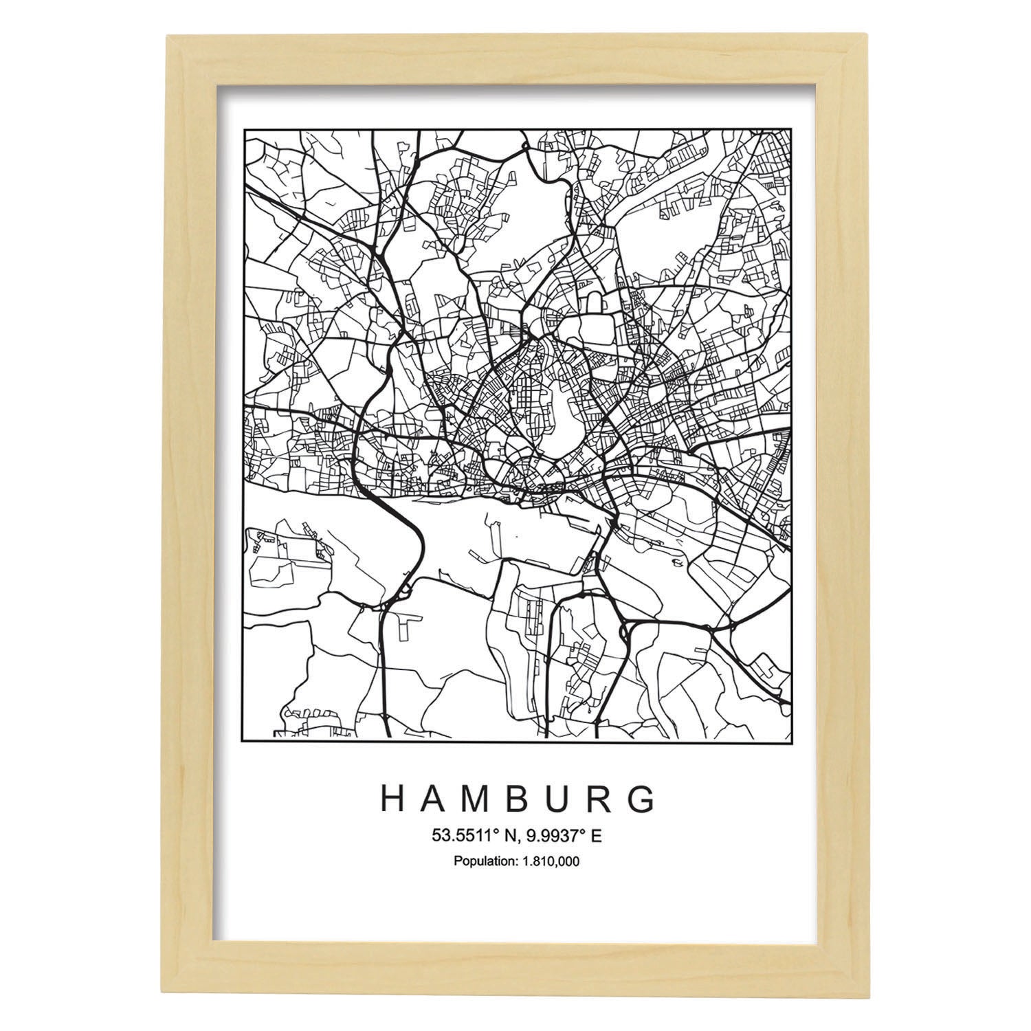 Lámina mapa de la ciudad Hamburg estilo nordico en blanco y negro.-Artwork-Nacnic-A4-Marco Madera clara-Nacnic Estudio SL