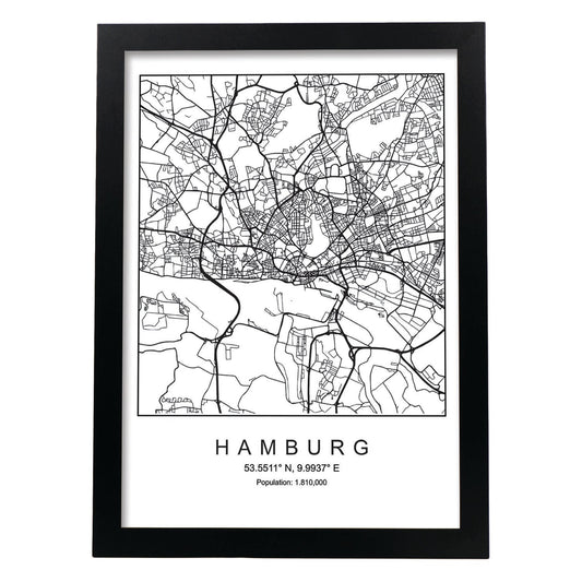 Lámina mapa de la ciudad Hamburg estilo nordico en blanco y negro.-Artwork-Nacnic-A4-Marco Negro-Nacnic Estudio SL