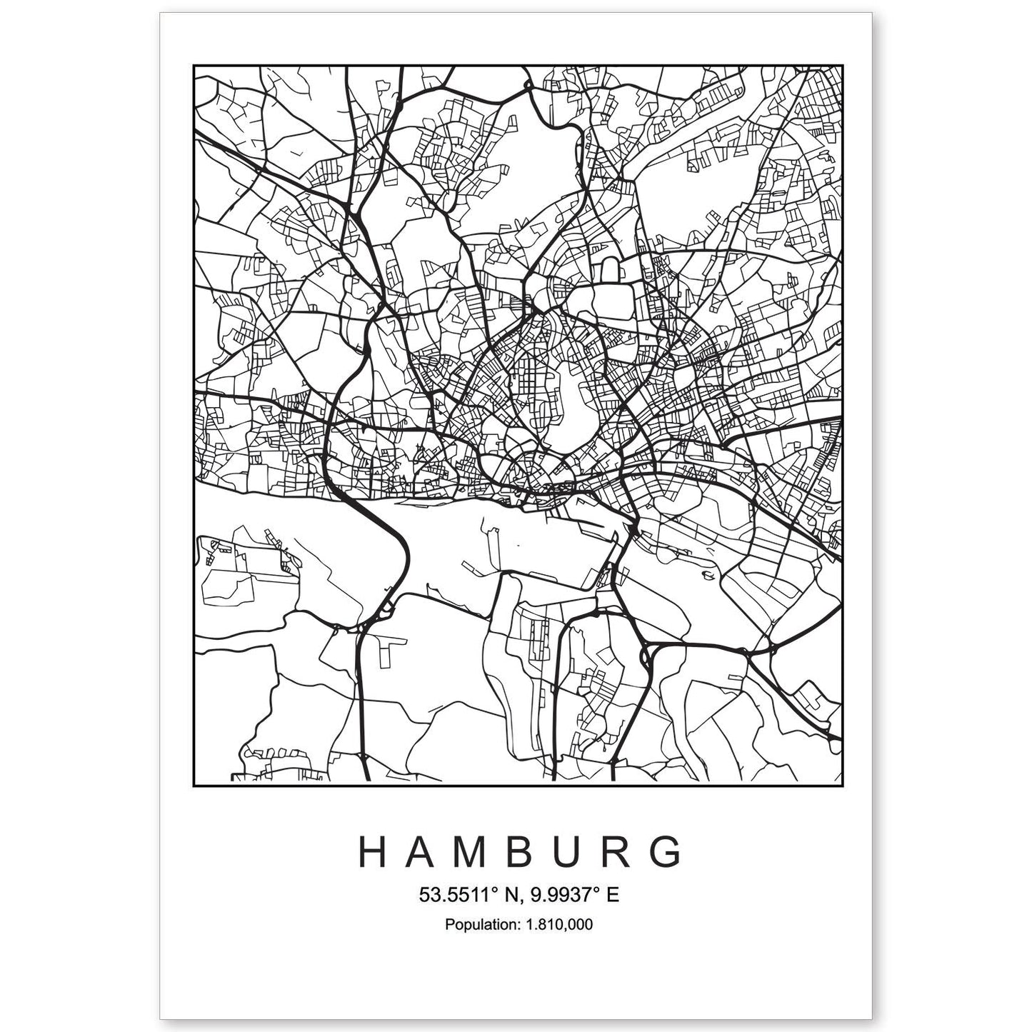 Lámina mapa de la ciudad Hamburg estilo nordico en blanco y negro.-Artwork-Nacnic-A4-Sin marco-Nacnic Estudio SL
