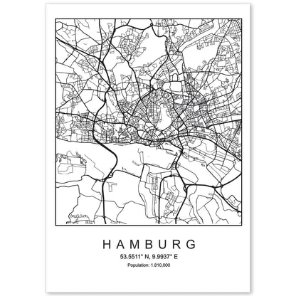 Lámina mapa de la ciudad Hamburg estilo nordico en blanco y negro.-Artwork-Nacnic-A4-Sin marco-Nacnic Estudio SL