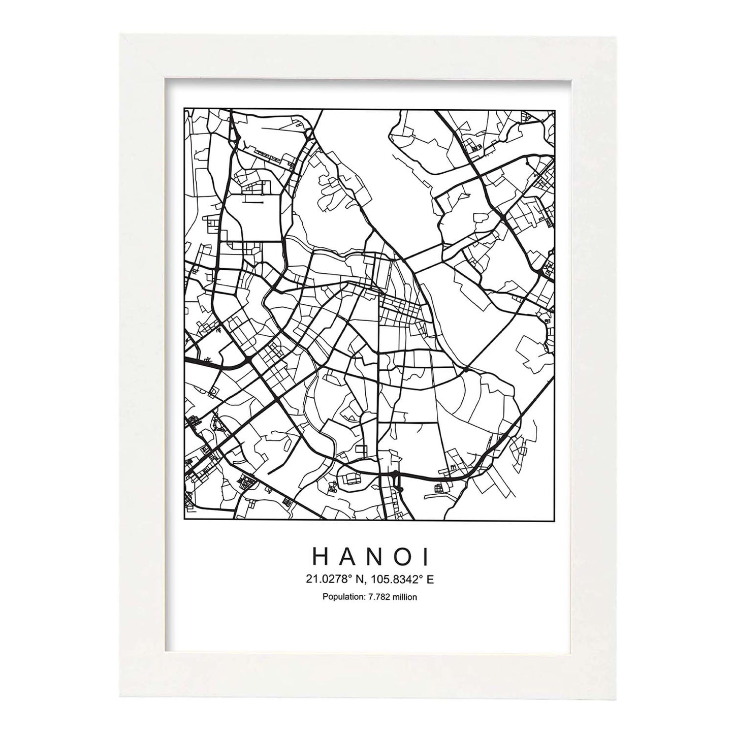 Lámina mapa de la ciudad Hanoi estilo nordico en blanco y negro.-Artwork-Nacnic-A3-Marco Blanco-Nacnic Estudio SL