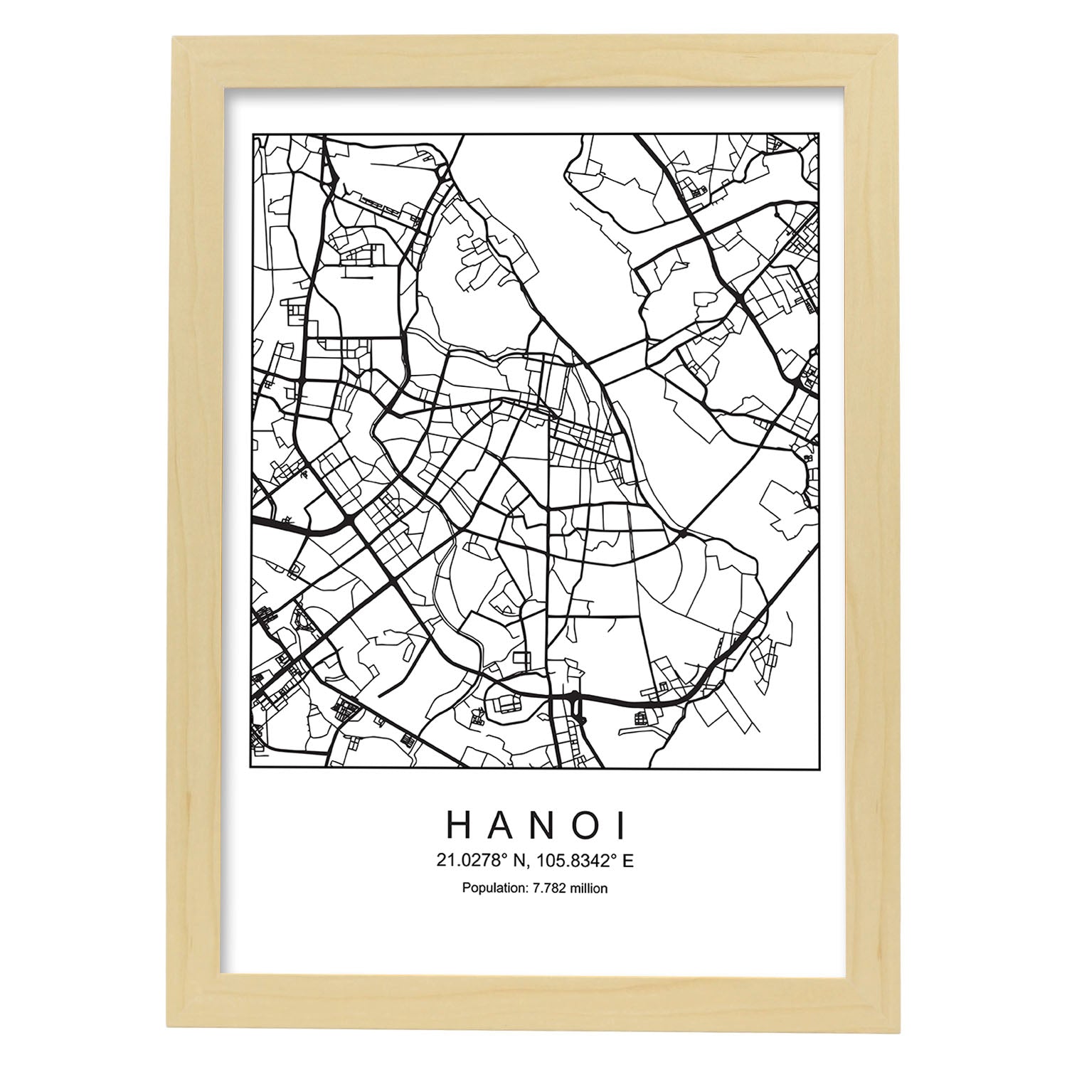 Lámina mapa de la ciudad Hanoi estilo nordico en blanco y negro.-Artwork-Nacnic-A3-Marco Madera clara-Nacnic Estudio SL