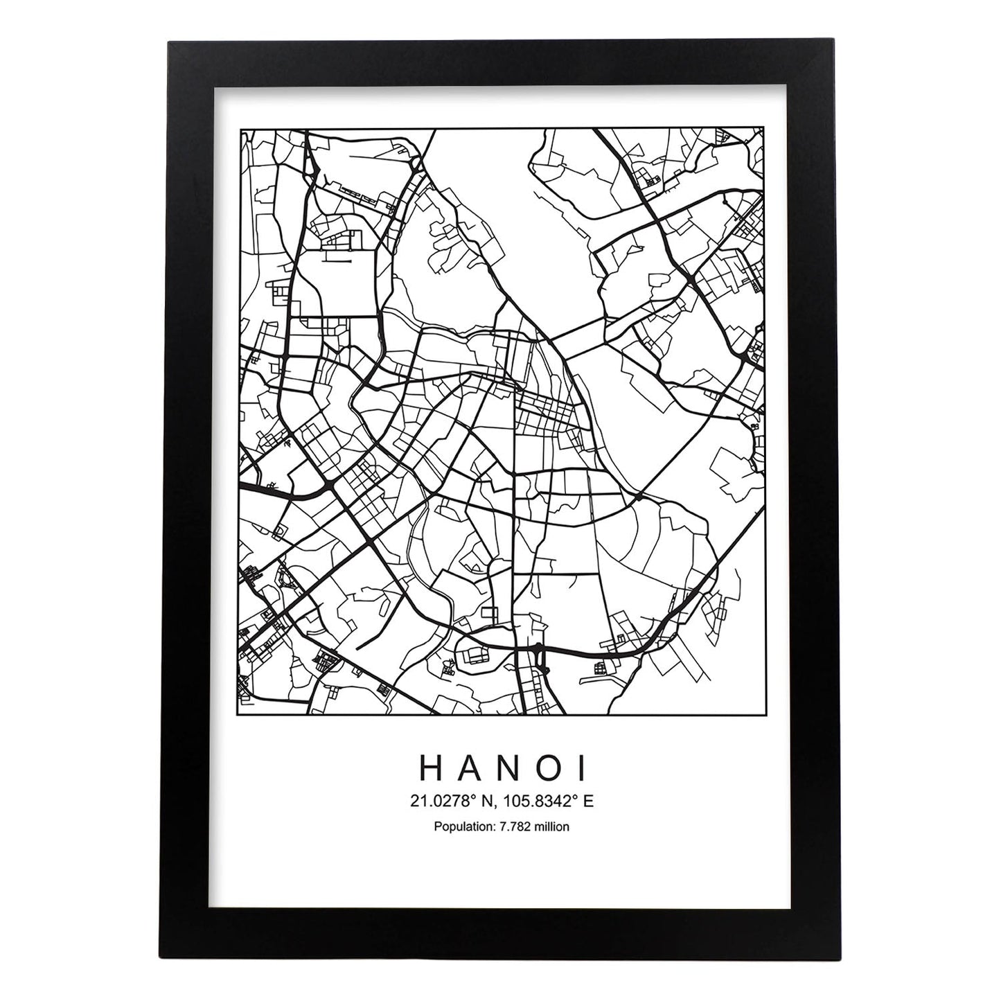 Lámina mapa de la ciudad Hanoi estilo nordico en blanco y negro.-Artwork-Nacnic-A3-Marco Negro-Nacnic Estudio SL