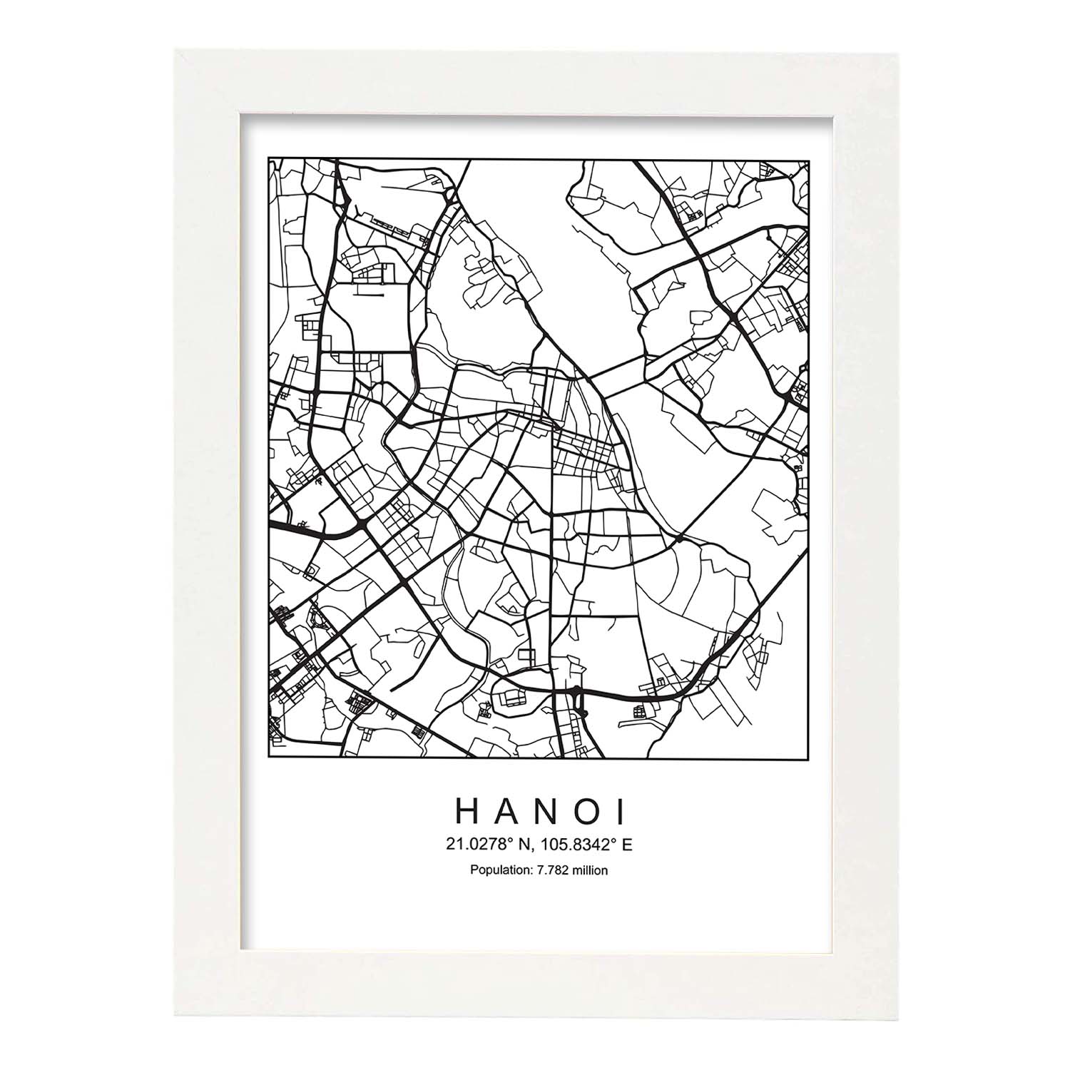 Lámina mapa de la ciudad Hanoi estilo nordico en blanco y negro.-Artwork-Nacnic-A4-Marco Blanco-Nacnic Estudio SL
