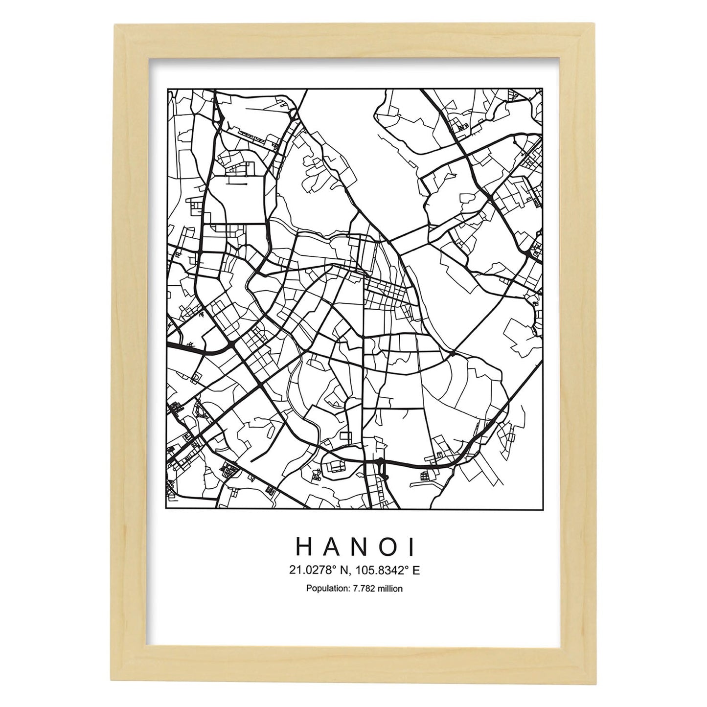 Lámina mapa de la ciudad Hanoi estilo nordico en blanco y negro.-Artwork-Nacnic-A4-Marco Madera clara-Nacnic Estudio SL