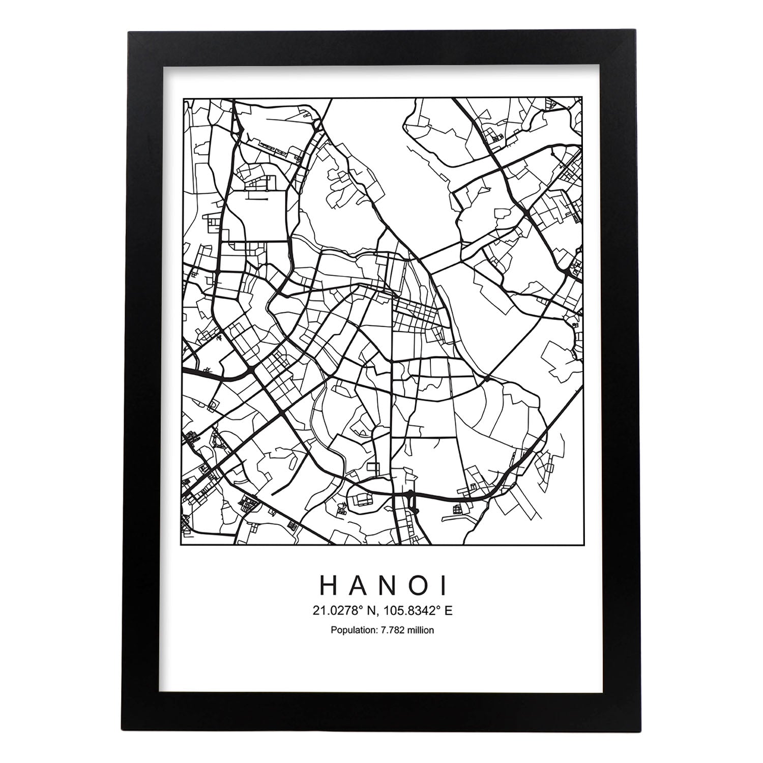 Lámina mapa de la ciudad Hanoi estilo nordico en blanco y negro.-Artwork-Nacnic-A4-Marco Negro-Nacnic Estudio SL