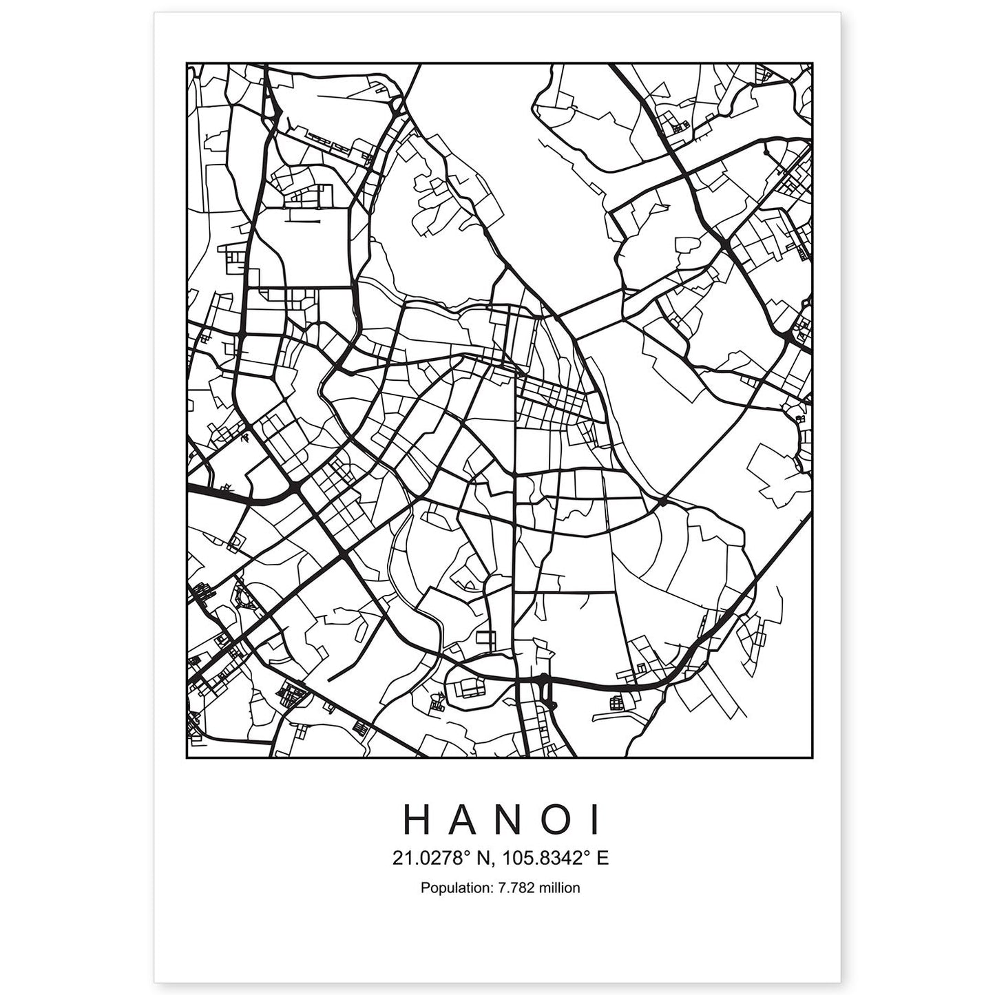 Lámina mapa de la ciudad Hanoi estilo nordico en blanco y negro.-Artwork-Nacnic-A4-Sin marco-Nacnic Estudio SL