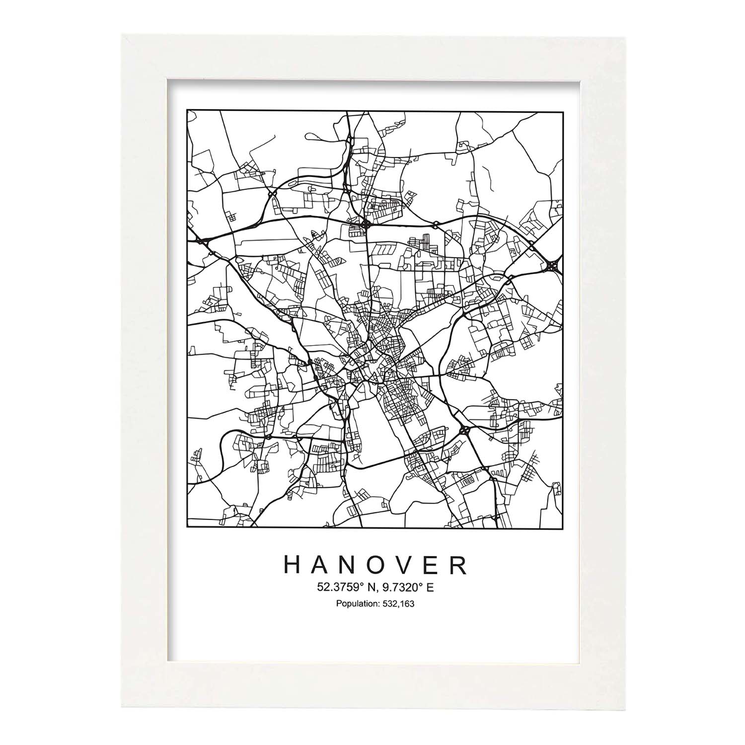 Lámina mapa de la ciudad Hanover estilo nordico en blanco y negro.-Artwork-Nacnic-A3-Marco Blanco-Nacnic Estudio SL