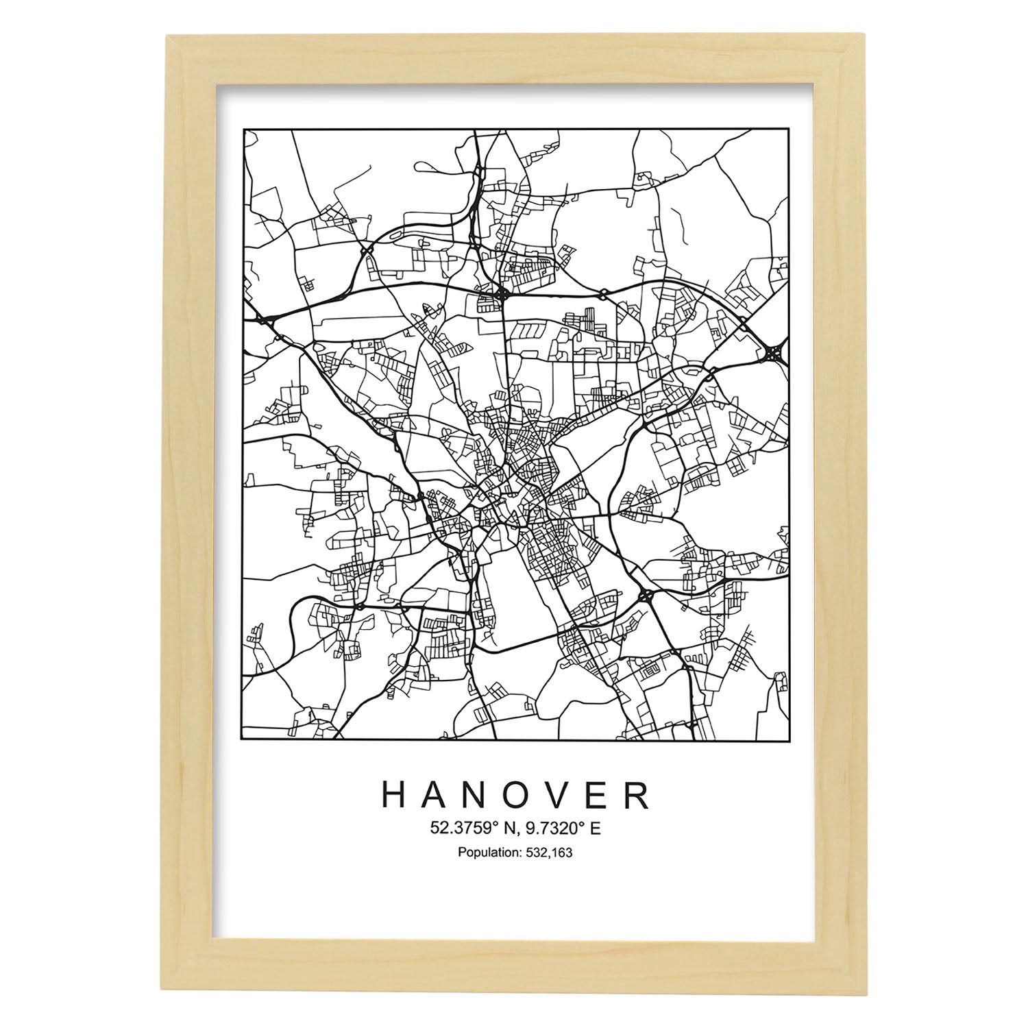 Lámina mapa de la ciudad Hanover estilo nordico en blanco y negro.-Artwork-Nacnic-A3-Marco Madera clara-Nacnic Estudio SL
