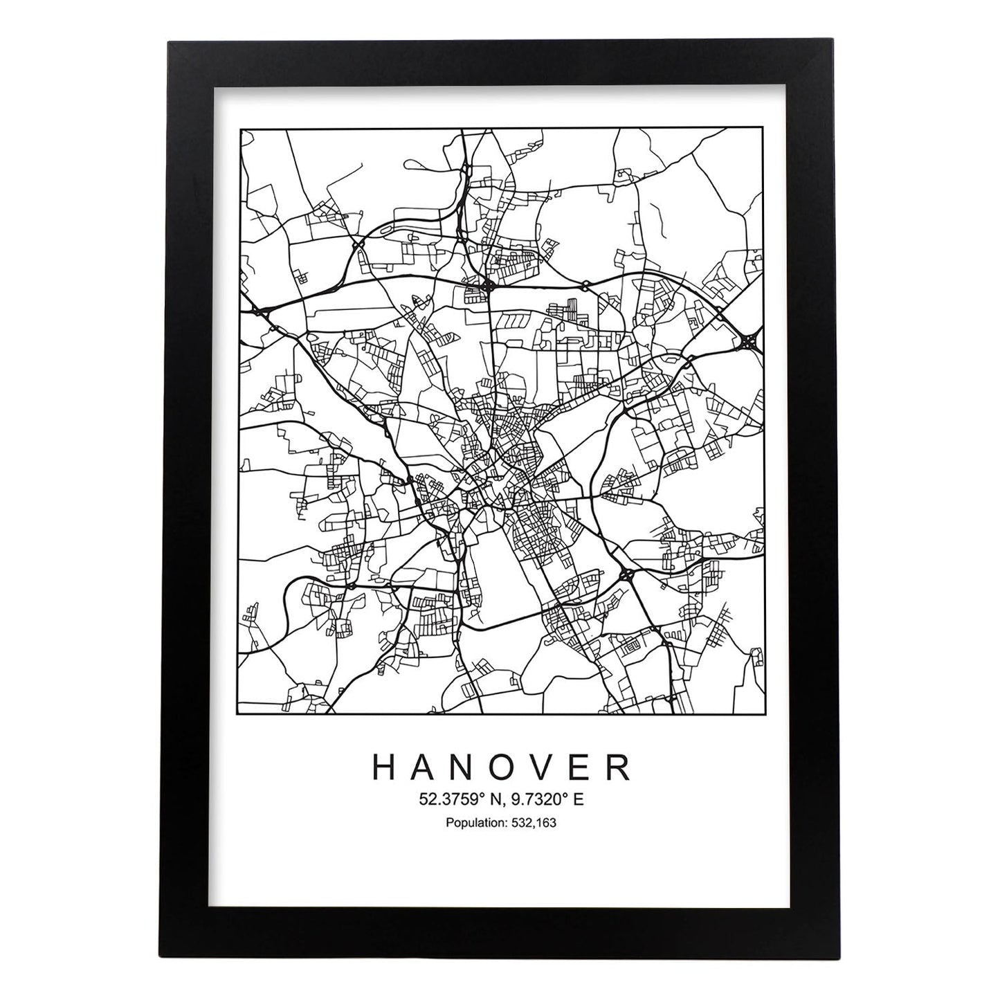 Lámina mapa de la ciudad Hanover estilo nordico en blanco y negro.-Artwork-Nacnic-A3-Marco Negro-Nacnic Estudio SL