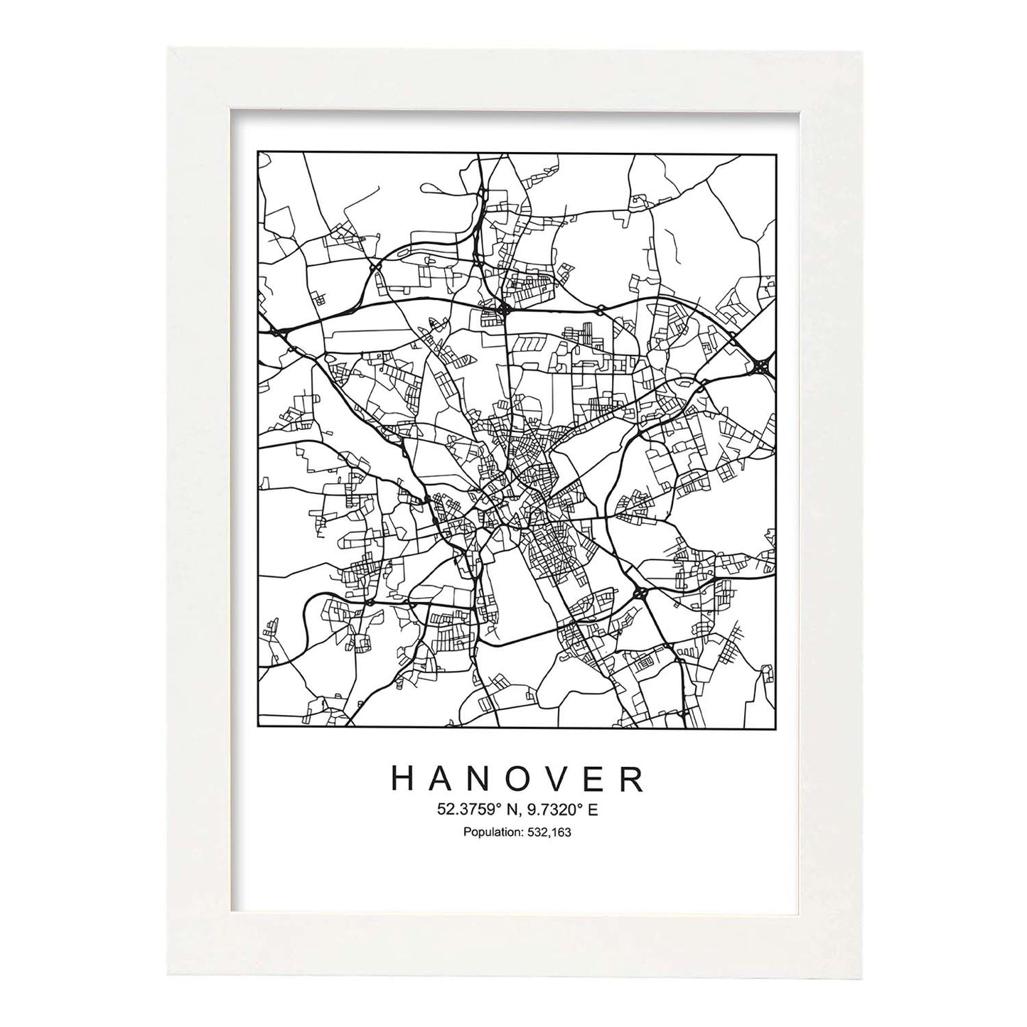 Lámina mapa de la ciudad Hanover estilo nordico en blanco y negro.-Artwork-Nacnic-A4-Marco Blanco-Nacnic Estudio SL