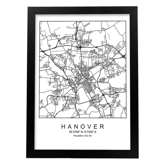 Lámina mapa de la ciudad Hanover estilo nordico en blanco y negro.-Artwork-Nacnic-A4-Marco Negro-Nacnic Estudio SL