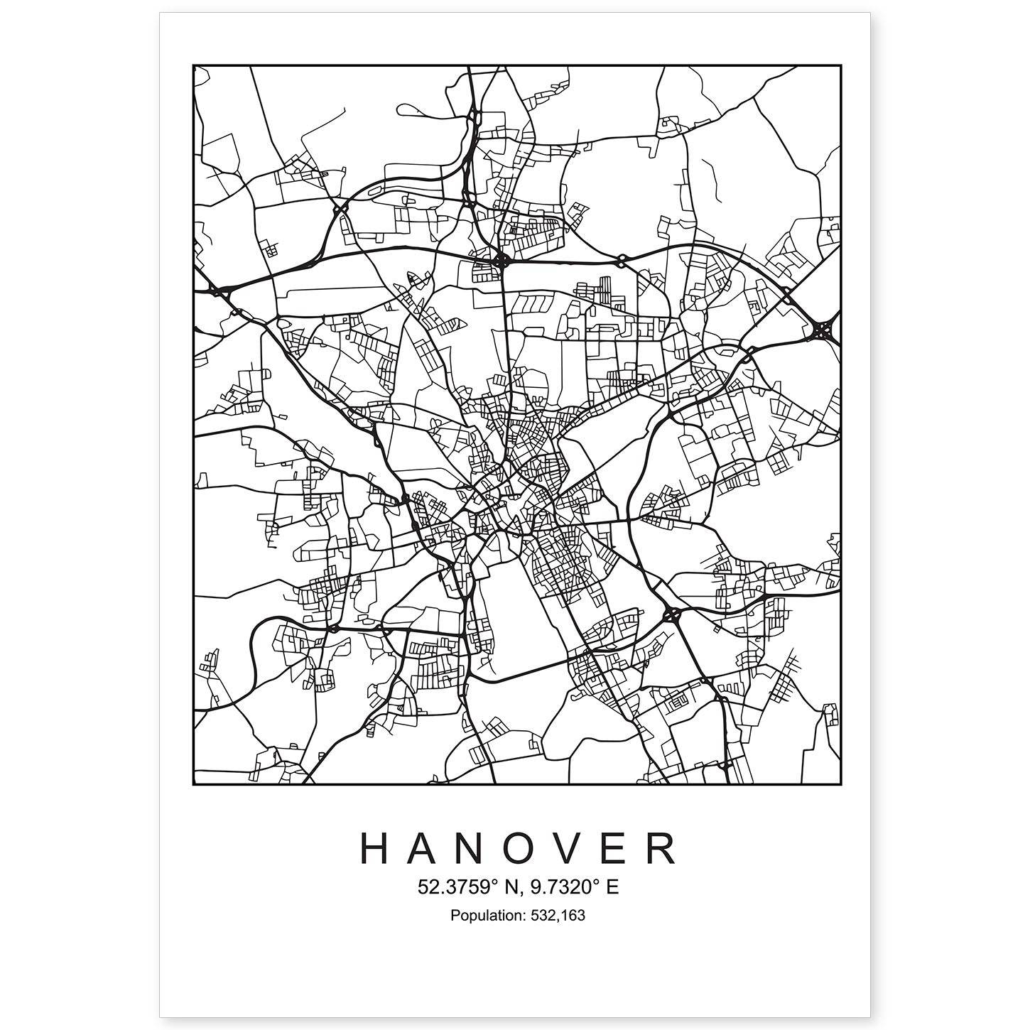 Lámina mapa de la ciudad Hanover estilo nordico en blanco y negro.-Artwork-Nacnic-A4-Sin marco-Nacnic Estudio SL
