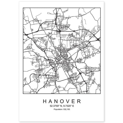 Lámina mapa de la ciudad Hanover estilo nordico en blanco y negro.-Artwork-Nacnic-A4-Sin marco-Nacnic Estudio SL