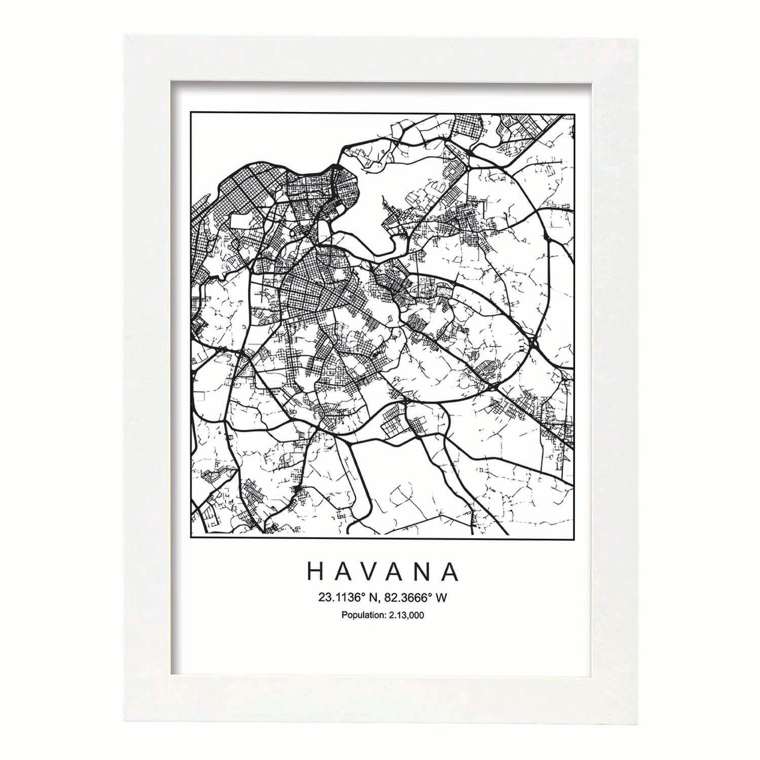 Lámina mapa de la ciudad Havana estilo nordico en blanco y negro.-Artwork-Nacnic-A3-Marco Blanco-Nacnic Estudio SL