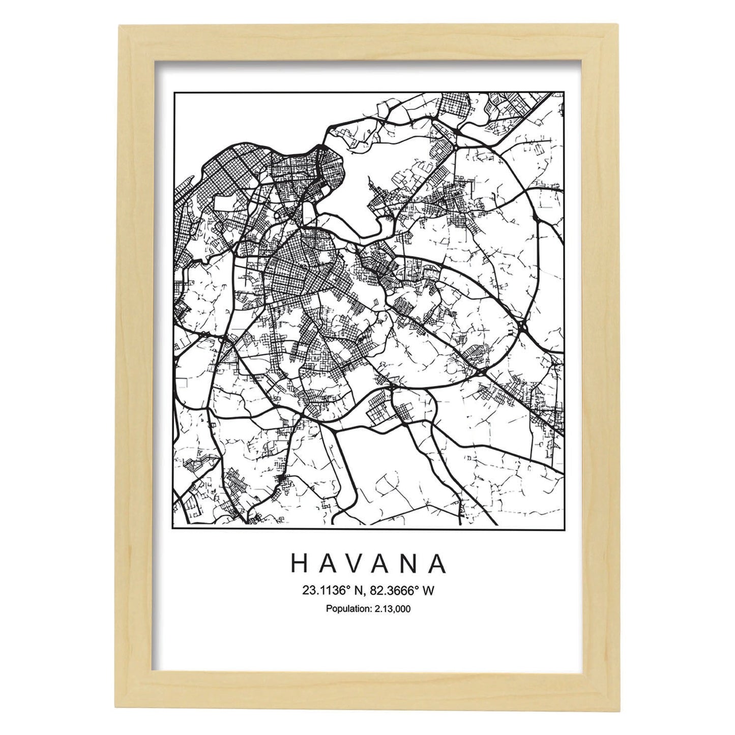 Lámina mapa de la ciudad Havana estilo nordico en blanco y negro.-Artwork-Nacnic-A3-Marco Madera clara-Nacnic Estudio SL