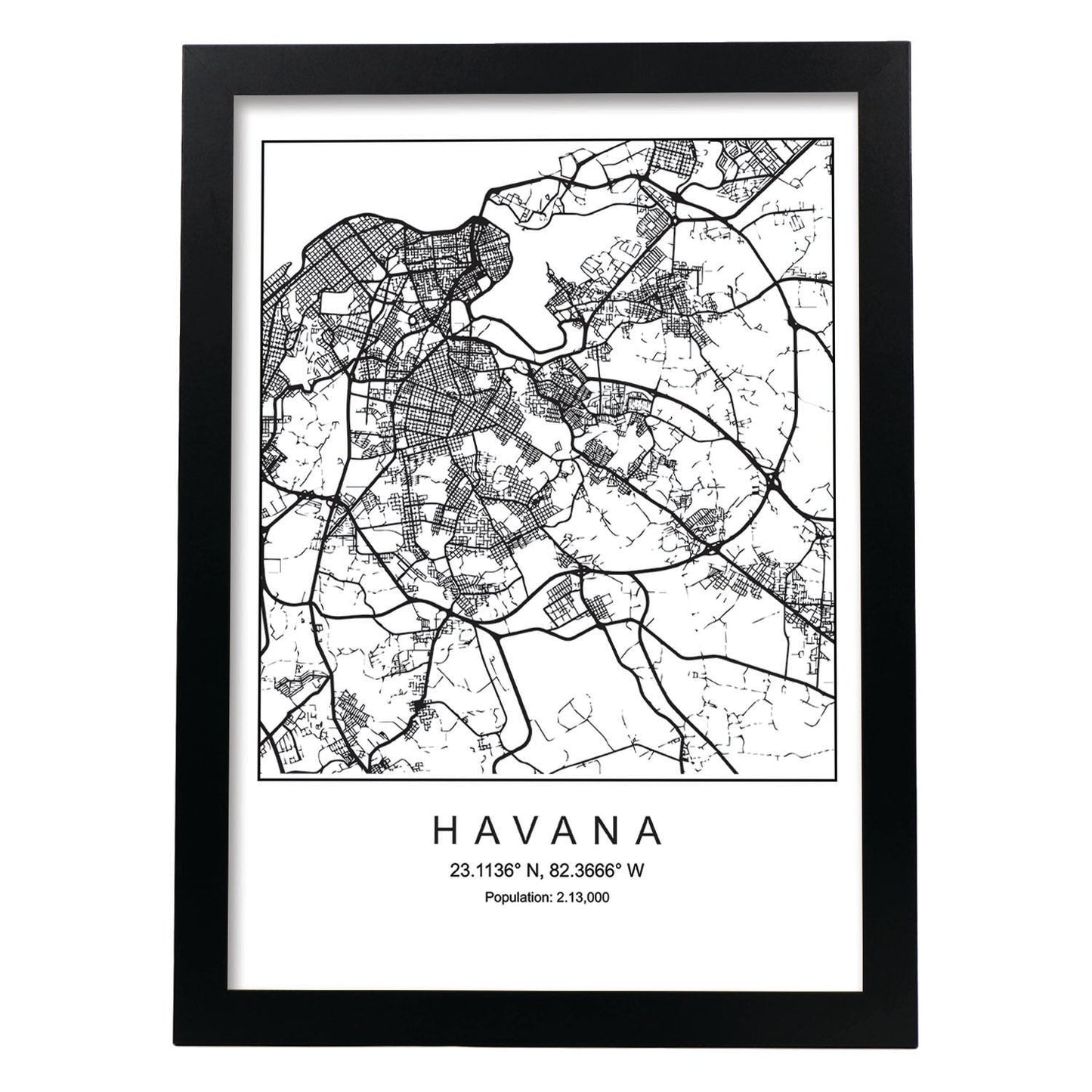 Lámina mapa de la ciudad Havana estilo nordico en blanco y negro.-Artwork-Nacnic-A3-Marco Negro-Nacnic Estudio SL