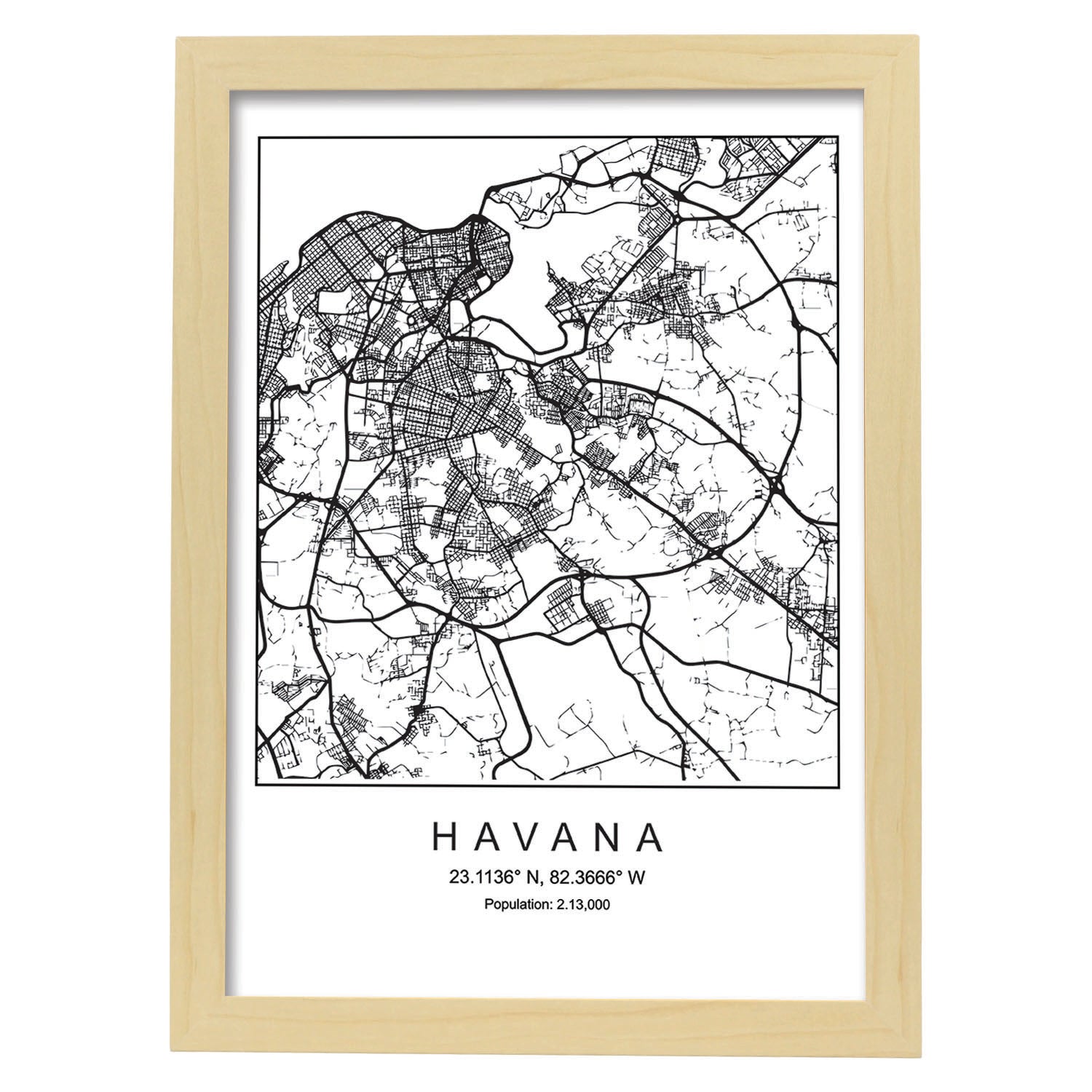 Lámina mapa de la ciudad Havana estilo nordico en blanco y negro.-Artwork-Nacnic-A4-Marco Madera clara-Nacnic Estudio SL