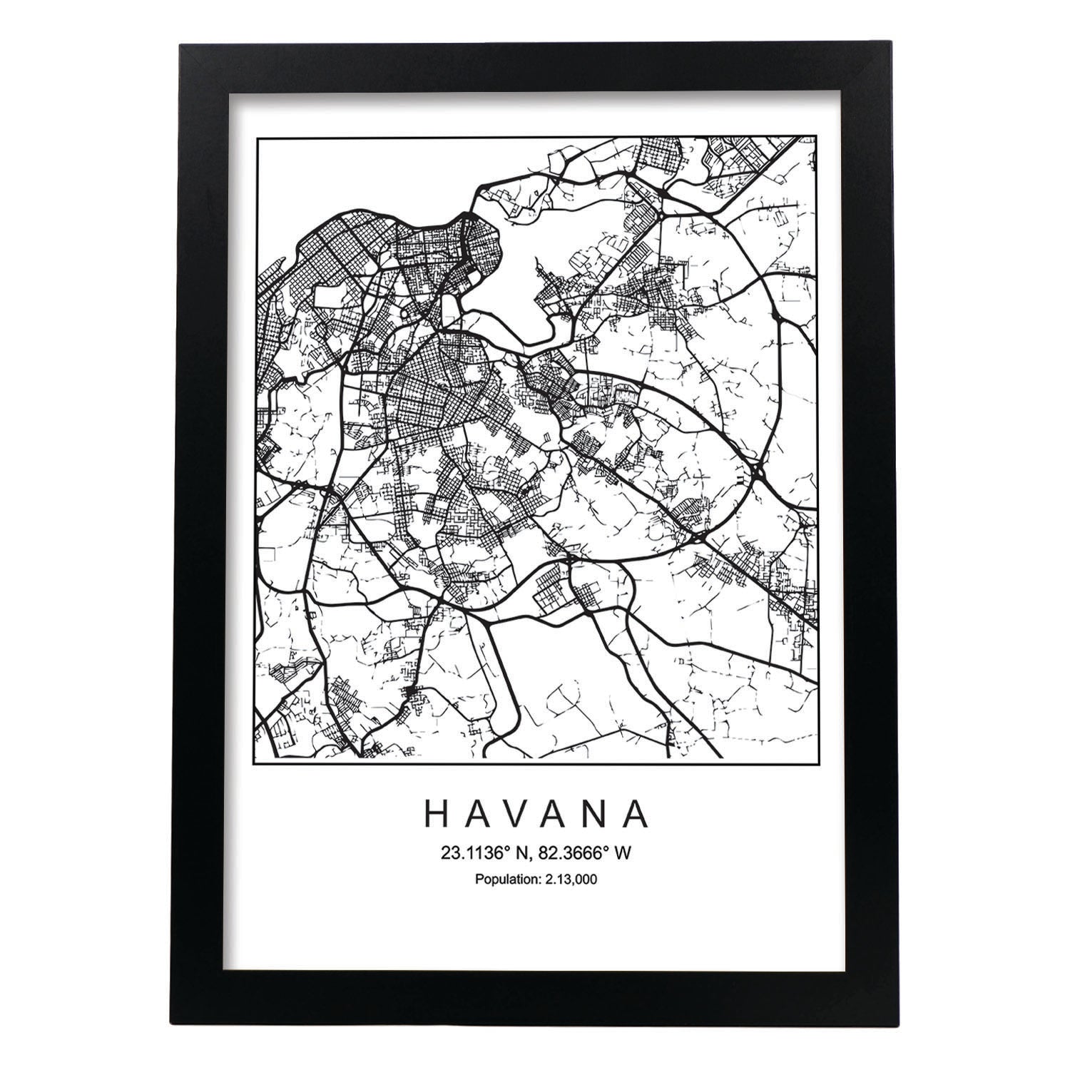 Lámina mapa de la ciudad Havana estilo nordico en blanco y negro.-Artwork-Nacnic-A4-Marco Negro-Nacnic Estudio SL
