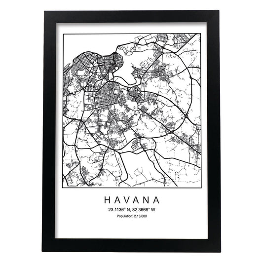 Lámina mapa de la ciudad Havana estilo nordico en blanco y negro.-Artwork-Nacnic-A4-Marco Negro-Nacnic Estudio SL