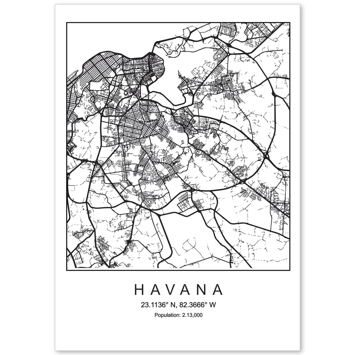 Lámina mapa de la ciudad Havana estilo nordico en blanco y negro.-Artwork-Nacnic-A4-Sin marco-Nacnic Estudio SL